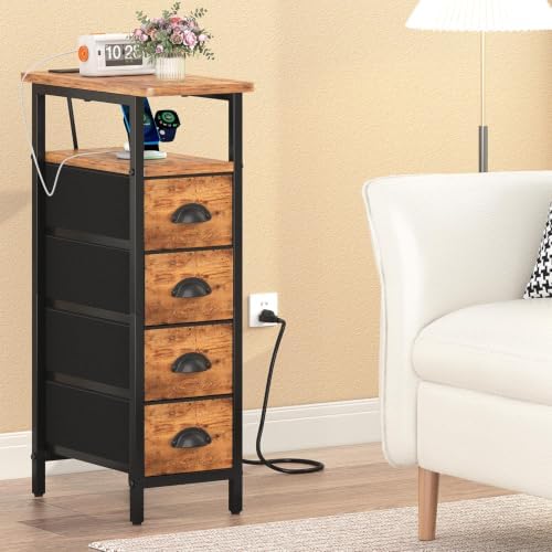 sthmec Side Table with Charging Station, Narrow End Table with 4 Drawers, Small Nightstands with Fabric Drawers,Slim Sofa Couch Side Tables for Small Spaces,Living Room,Bedroom,Rustics Brown