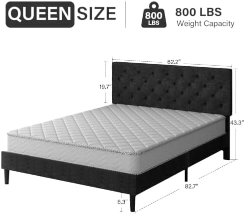 HOMBCK Queen Bed Frame with Adjustable Headboard, Dark Grey