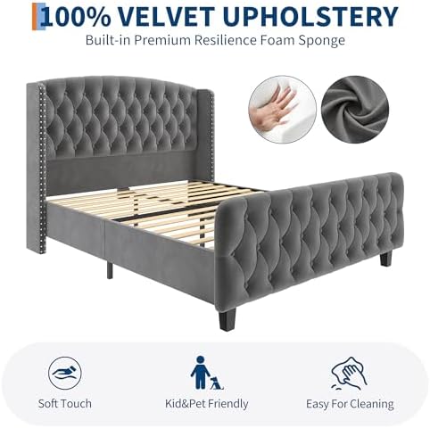 GarveeHome 51" Tall Queen Size Bed Frame with Wingback Headboard, Grey