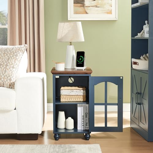 RWYHG Narrow Side Table, Farmhouse Nightstand with Charging Station