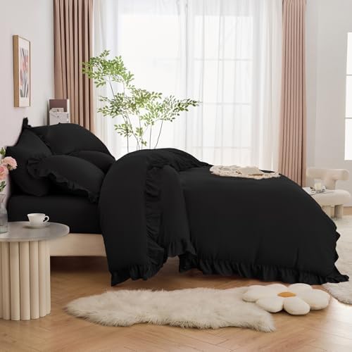 Horbaunal 5 Pcs Black Ruffle Duvet Cover Queen Size Soft Microfiber Shabby Chic Ruffled Duvet Cover Set, Vintage French Country Ruffle Bedding Set with Zipper Closure & Corner Ties, 90" x 90"