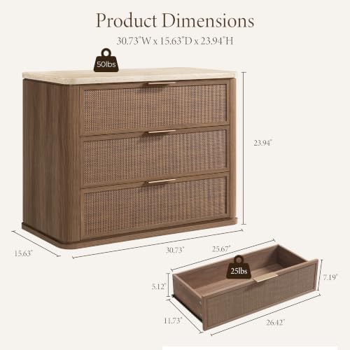 Night Stand, Rattan Nightstand with 3 Drawers