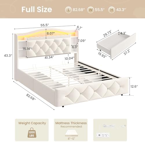 DICTAC Full Size Bed Frame for Kids with 4 Storage Drawers, Bookcase Headboard, LED Lights and Power Outlets, Diamond Tufted Velvet Upholstered Princess Platform Bed, Heavy-Duty Metal Support, Beige