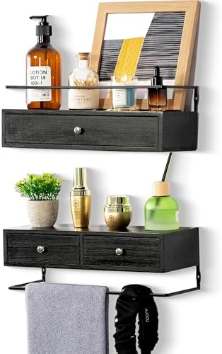 Floating Shelves With Drawers Set of 2, Wall Mounted Storage for Bathroom