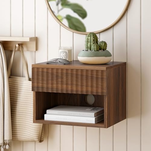Floating nightstand Set of 2，Modern Fluted Bedside Tables with Drawer & Open Shelf Brown