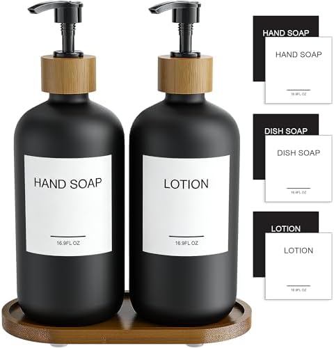 MASADI Black Soap Dispenser Set with Tray, Dish and Hand soap Lotion Dispenser Set with Wooden Pump for Kitchen and Bathroom Decor for Counter, Modern Vintage Liquid Soap Dispensers