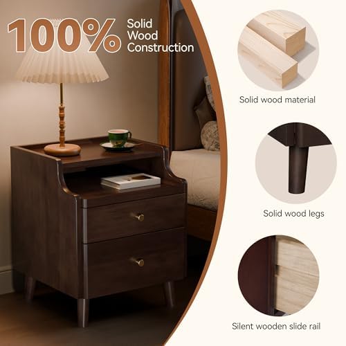 Nightstand with Drawers, Pre-Assembled, 19.7" H Natural Solid Wood Night Stand with Open Sliding Shelf, Mid Century Modern Small Bedside Table Cabinet for Bedroom, Black Walnut 16"