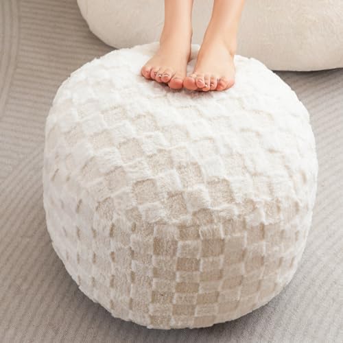 HIGOGOGO Round Stuffed Pouf Ottoman, Plaid Poufs with Foam Chunk Filling, Fluffy and Furry Pouf Foot Stool Storage Ottoman, 20 X 15 Floor Poufs Foot Rest for Living Room, Beige