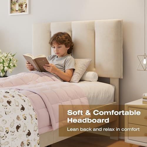 VECELO Twin Size Bed Frame with Upholstered Headboard, Pale Beige
