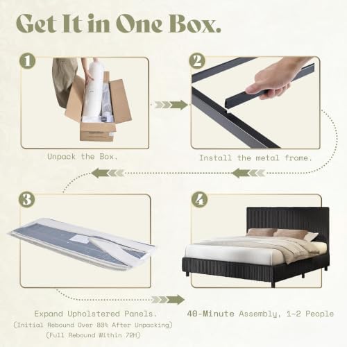 AMERLIFE Upholstered Bed Frame, Metal Bed with Headboard, Queen Black