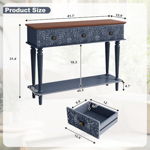 Retro Console Table with 3 Carved Floral Drawers for Entryway, Blue