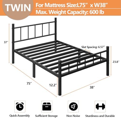 zizin Twin Size Metal Bed Frame with Headboard & Footboard 14 Inch Metal Platform Mattress Foundation Support with Steel Slat, Under Bed Storage, No Box Spring Needed