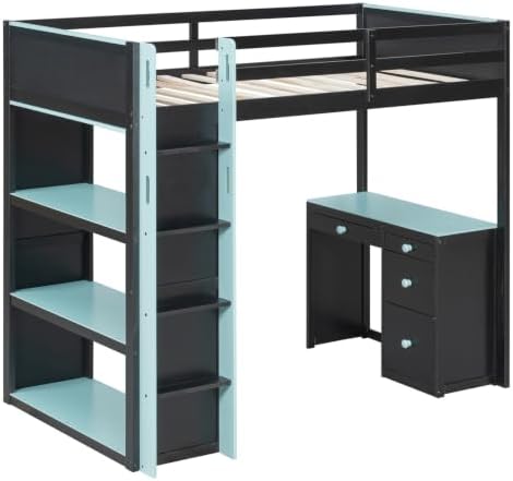 LUMISOL Twin Gaming Loft Bed with Desk and Storage Shelves, Solid Wood Loft Bed with Drawers and Computer Desk for Teens, Space Saving High Loft Bed Frame for Kids Bedroom Blue