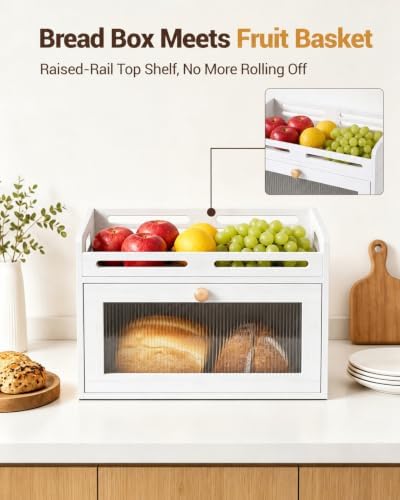 Bread Box for Kitchen Countertop, Bamboo Storage with Top Shelf, White