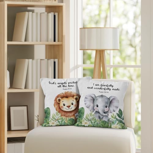 Christian Animal Nursery Throw Pillow Cover 18x18, Bible Verse Lion Elephant Decorative Pillow Covers for Kids Nursery Room Bedroom Playroom, Religious Accent Pillows Cover Pillowcases, Set of 2