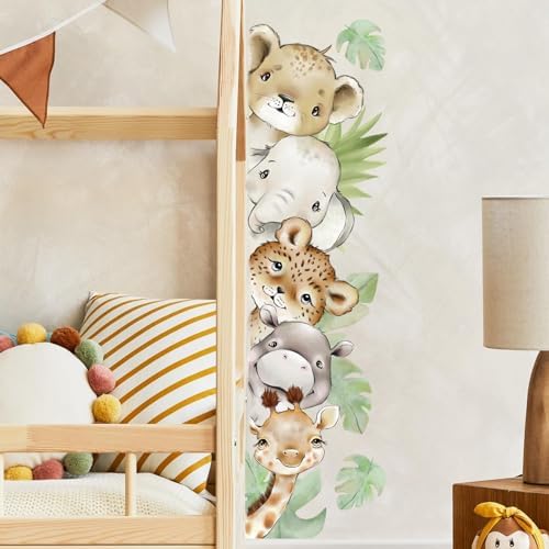 55.12 x 15.75 InchWatercolor Jungle Animal Wall Decals Tiger Elephant Zebra Giraffe Hippo Forest Wall Stickers Removable Peel and Stick Stickers for Baby Nursery Playroom Bedroom Classroom