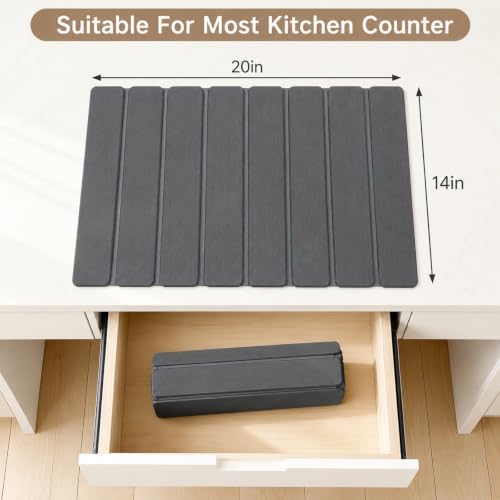 Stone Dish Drying Mat for Kitchen Counter, Thin & Light Quick Dry Stone Dishes Mat, Foldable Water Absorbing Diatomite Drying Pad for Kitchen Bathroom Sink Countertop (Pure Gray 20"x14")