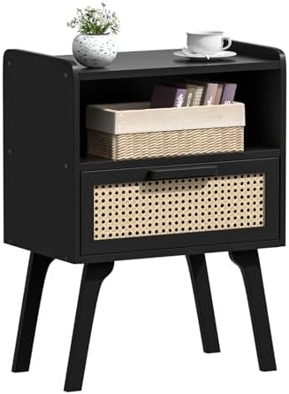 Lerliuo Rattan Nightstand, Bedside Table with Drawer Open Shelf