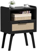 Lerliuo Rattan Nightstand, Bedside Table with Drawer Open Shelf