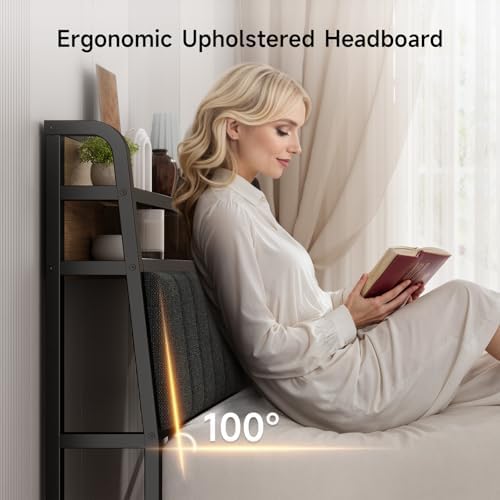 ONBRILL Ergonomic Headboard Full Size with 2-Tier Storage, Black & Brown