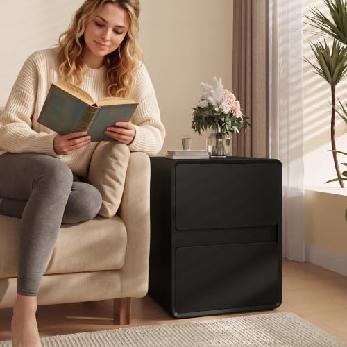 BOSHIRO 16″Narrow Nightstand Slim Bedside Tables Set of 2, Black