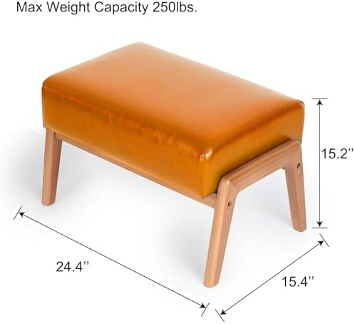 15inch Ottoman Foot Rest, Leatherette Ottoman Bench, Modern Accent Sofa Stool Foot Stool for Accent Chair, Walnut Wood Frame & Thickness Cushion, Yellowish
