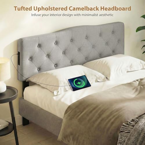GIANTEX Headboard with Charging Station, Queen/Full Size Button Tufted Upholstered Head Board w/2 AC Outlets, USB & Type-C Ports, Rubber Wood Legs, Width Adjustable Modern Bed Headboard Only (Grey)