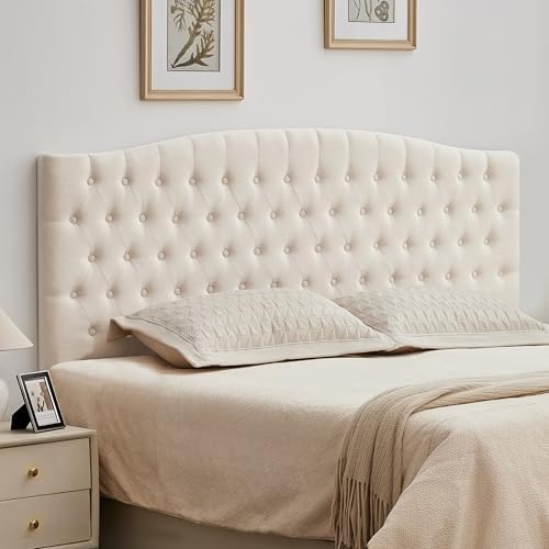 Tufted Tall King Size Headboard, Linen Button Diamond Headboards, Beige