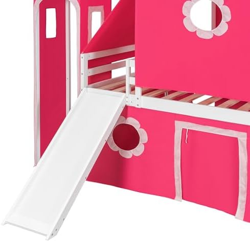 Full Size Castle Loft Bed with Slide & Pink Tent and Tower, Playhouse Design Spacious Under Bed Space with Curtains, Wood Tent Bed Frame for Kids Boys Girls(Pink,Full)
