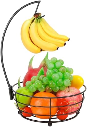 Livabber Countertop Fruit Basket Bowl with Banana Hanger, Modern Standing Fruit Vegetable Bowl Storage, with Banana Tree Holder for Kitchen Dinning Table (Round Metal, Black)