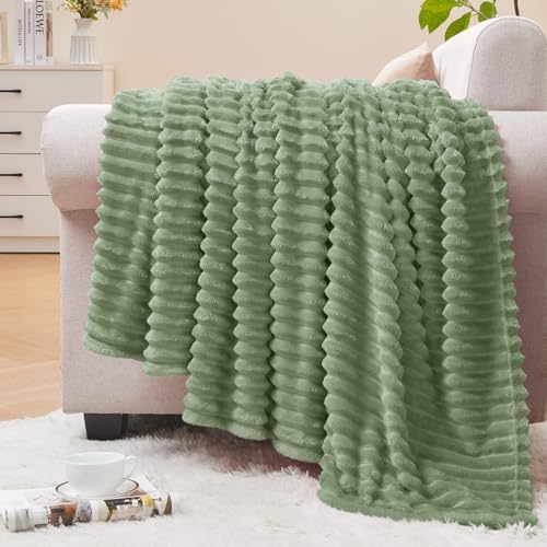 BEDELITE Ribbed Sage Grey Green Fleece Throw Blanket for Couch, 50x60 Inch