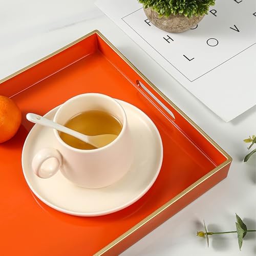Spsyrine Orange Decorative Serving Tray with Handles, Elegant Plastic Coffee Table Tray for Ottoman, Living Room, Home Decor 15.6" X 10.2"