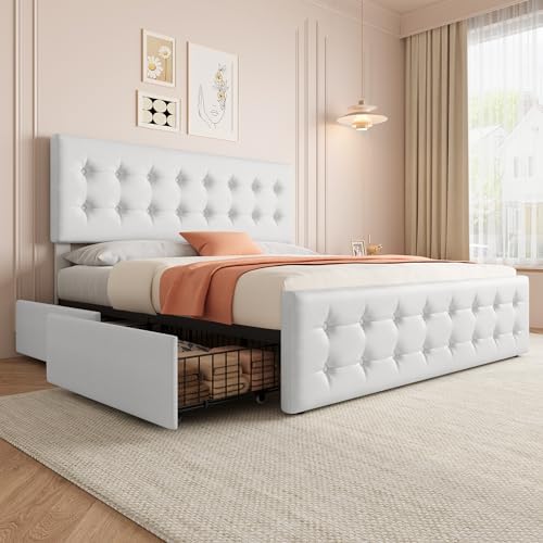 IDEALHOUSE King Size Bed Frame with 4 Storage Drawers and Headboard, White