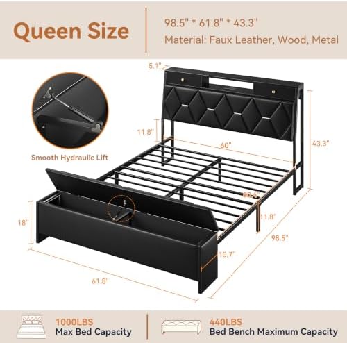 FreeHouse Queen Bed Frame with Storage Headboard and Drawers, PU Leather