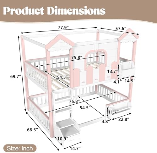 Full Over Full Size House-Shaped Wooden Bunk Bed Frame, White