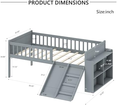 SOFTSEA Twin Size Low Loft Bed with Slide and Guardrails, Wood Loft Bed Frame with Storage Shelves for Kids, Gray