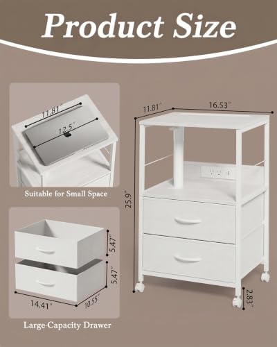 Faesun Night Stand with Charging Station & Swivel Top, White