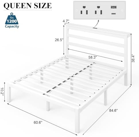 Queen Bed Frame with Charging Station and LED Lights Headboard, White