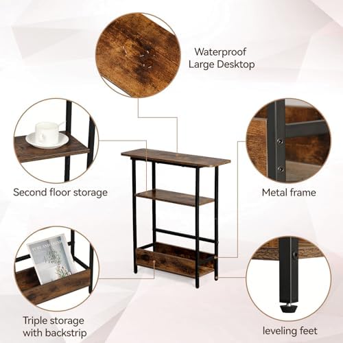 Narrow Side Table for Small Spaces, 3-Tier End Table with Storage Shelf