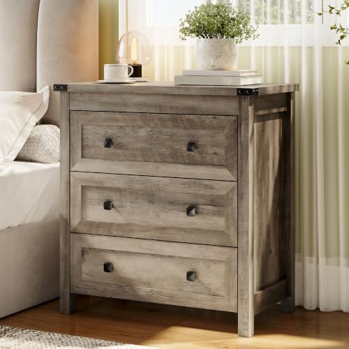 Farmhouse Nightstand with 3 Drawers, Wood Bedside Table, Grey