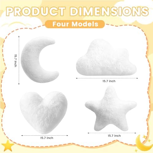 Novabright 4 Pcs Moon Star Cloud Heart Plush Pillow, White 15.7 Inch