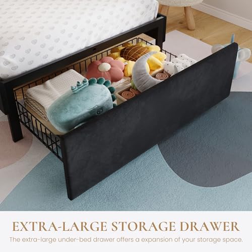 SHA CERLIN Twin Size Bed Frame with LED Lights and Storage Drawer, Black