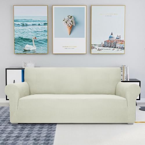JIVINER High Stretch Couch Covers for 3 Cushion Couch 1-Piece Extra Large Sofa Covers with Elastic Bottom Anti Slip Oversized Sofa Slipcover Furniture Protector for Pets (XL Sofa, Natural)