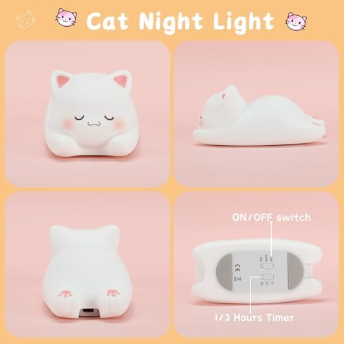 LOVERUIS Cute Night Light for Kids Cat Night-Light Baby Girl Squishy NightLight 1/3 Hour Timer Kitty Light Dimmable Nursery Lamp Colorful Nightlight Gift for Kid Toddler Kawaii Bedroom (Mimi)