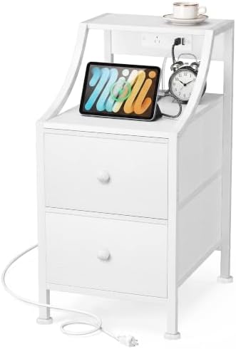 Lazzanto Narrow Nightstand with Charging Station for Bedroom, Dorm