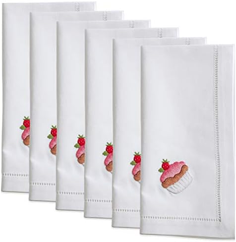 Handmade Cupcake Embroidery Napkin with Hemstitched Border (Set of 6)