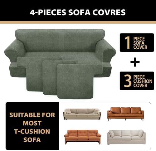 4 Piece T Cushion Sofa Slipcovers Stretch Couch Slip Cover for 3 Cushion Couch Sofa, Machine Washable for Living Room (Green, 3 Cushions)
