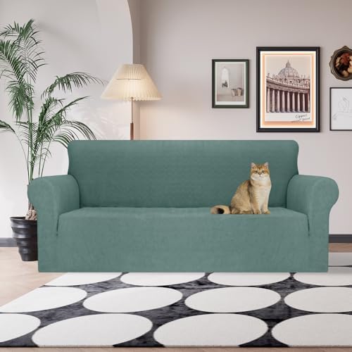 JIVINER Stretch Sofa Covers 1 Piece Couch Covers for 3 Cushion Couch Sofa, 3 Seater Sofa Slipcovers Furniture Protector with Elastic Bottom for Kids, Pets (Pea Green, Sofa)