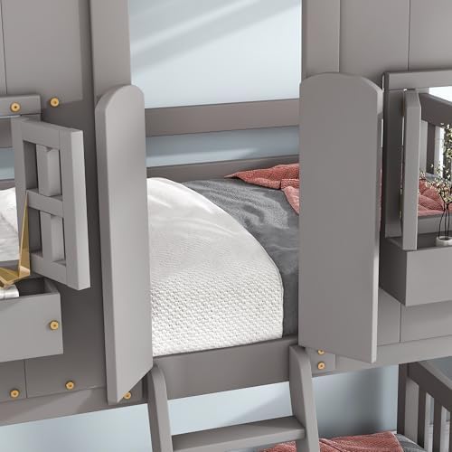 Twin Over Twin House Bunk Bed with Roof and Window, Gray