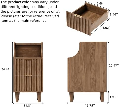 Narrow Nightstand Set of 2,11.8" Fluted Bedside Table Set of 2, Slim Side End Table with 2 Drawers, Wooden Bedside Table, Mid Century Modern Night Stand for Bedroom Livingroom Sofa Office